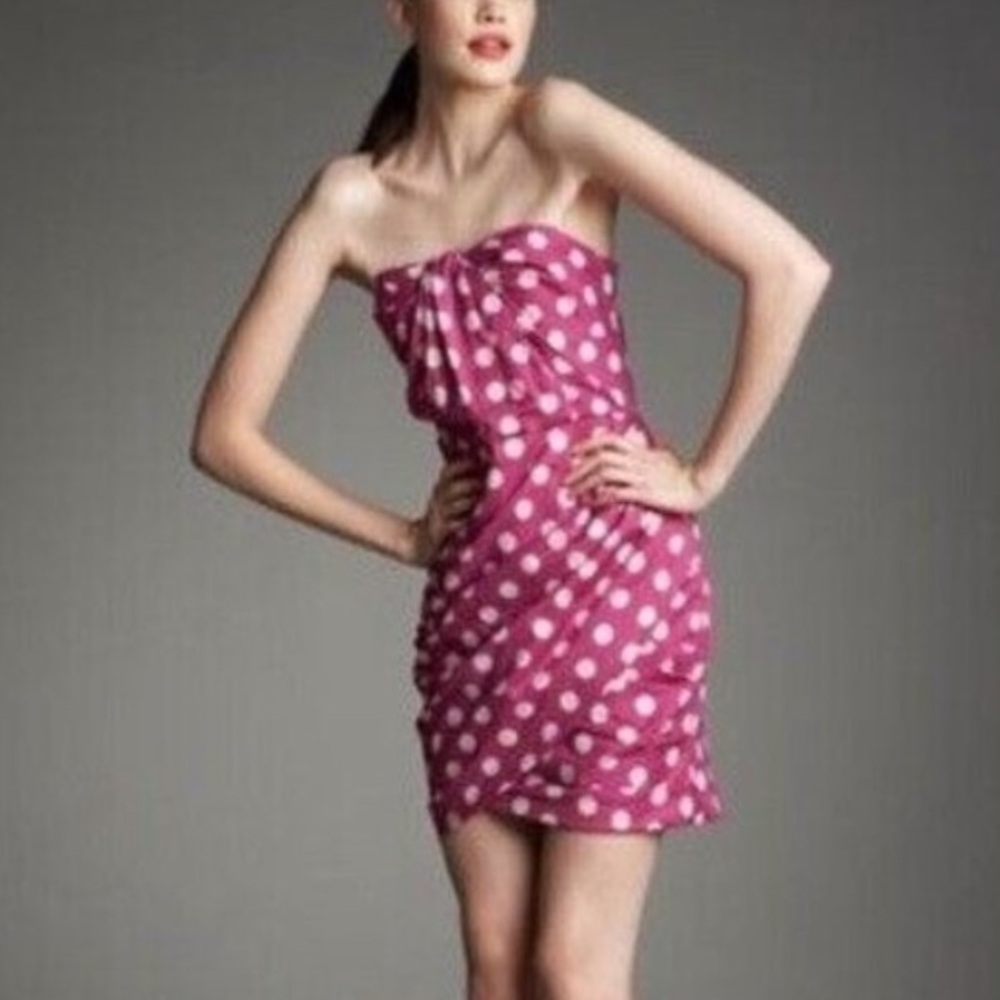 Anthropologie Leifsdottir 100% cotton strapless magenta polka dot mini dress